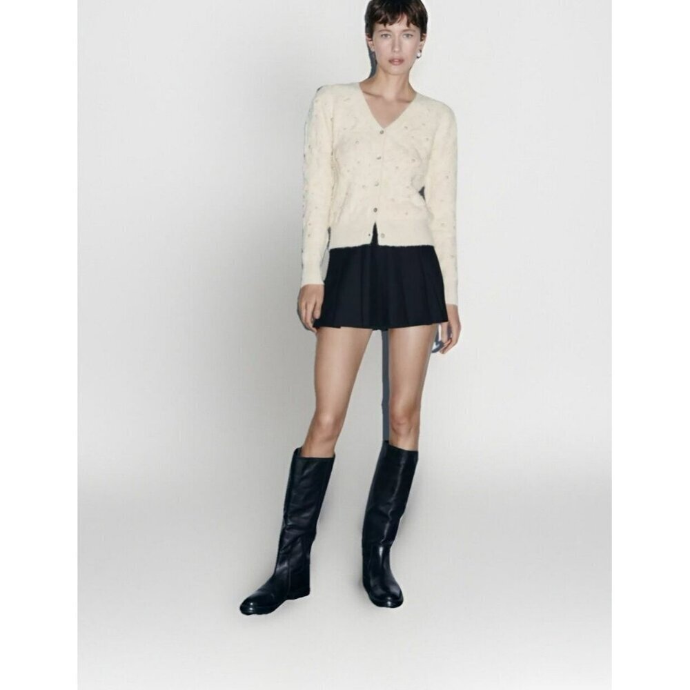 Zara Embellished Cream Beaded Sweater Cardigan - Picture 2 of 10